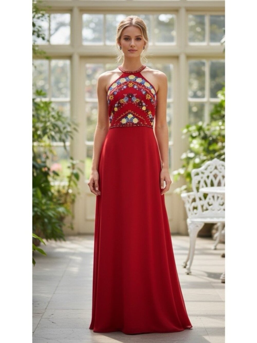 Red Halter Evening Dress Ball Gown Embroidered Maxi 34" Bust Floor Length Formal